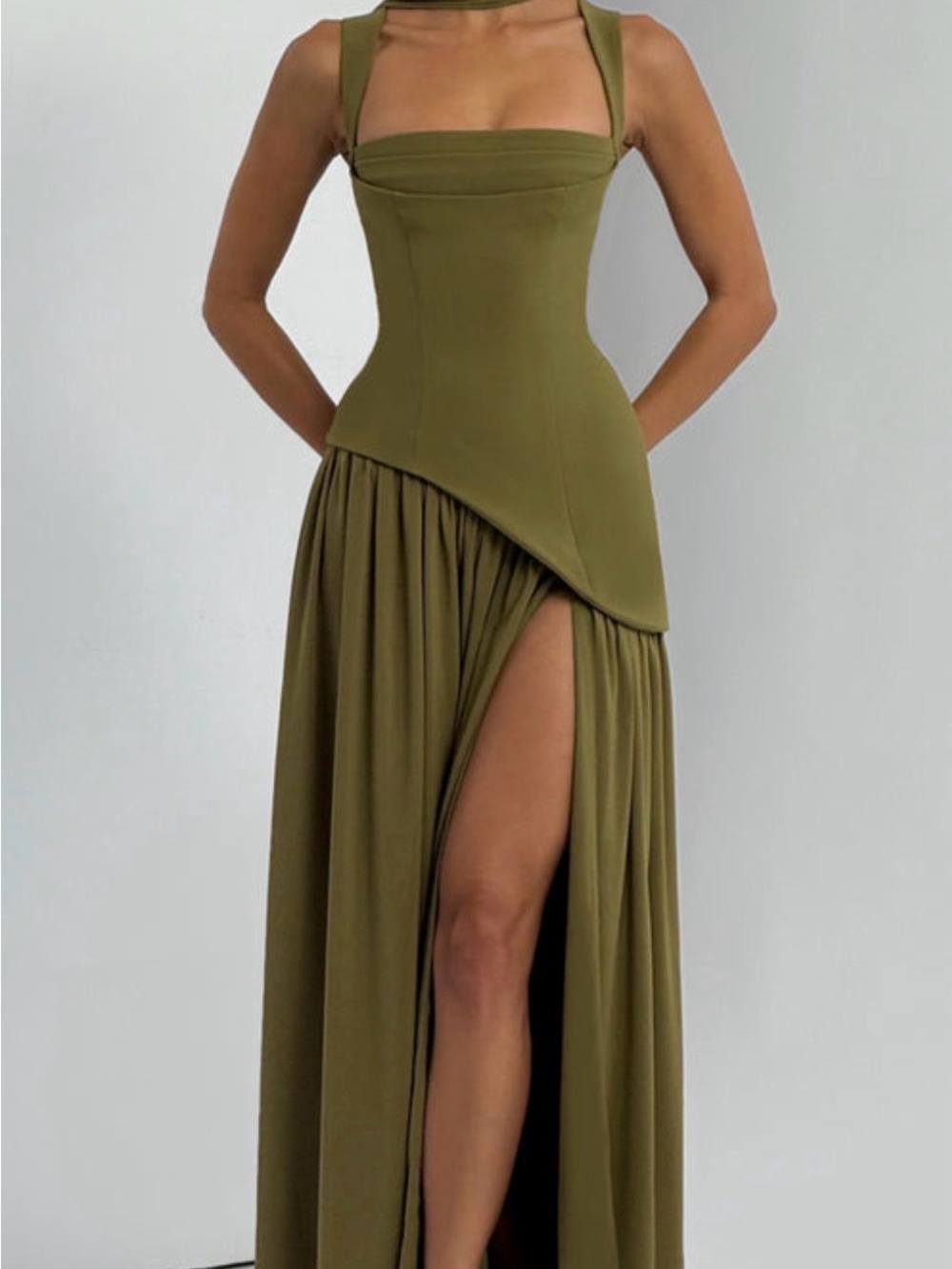 Olive Green High-Slit Asymmetric Evening Dress Corset style